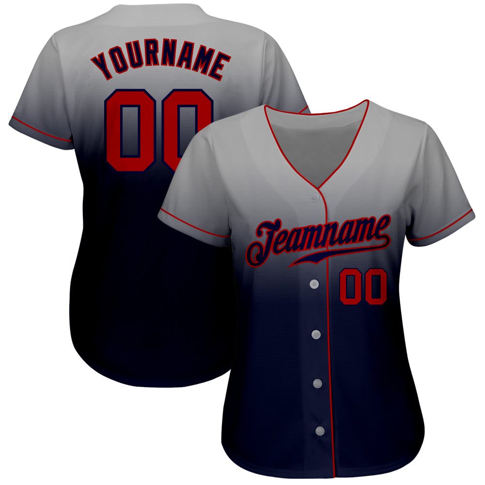 Custom Gray Red-Navy Authentic Fade Fashion Baseball Jersey view 2