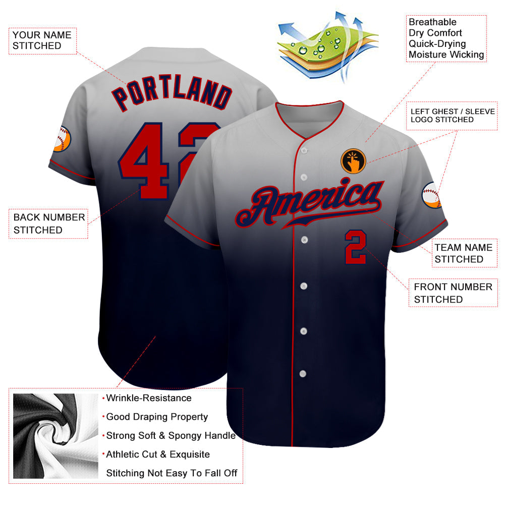 Custom Gray Red-Navy Authentic Fade Fashion Baseball Jersey view 3