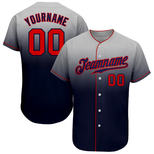 Custom Gray Red-Navy Authentic Fade Fashion Baseball Jersey - Main View
