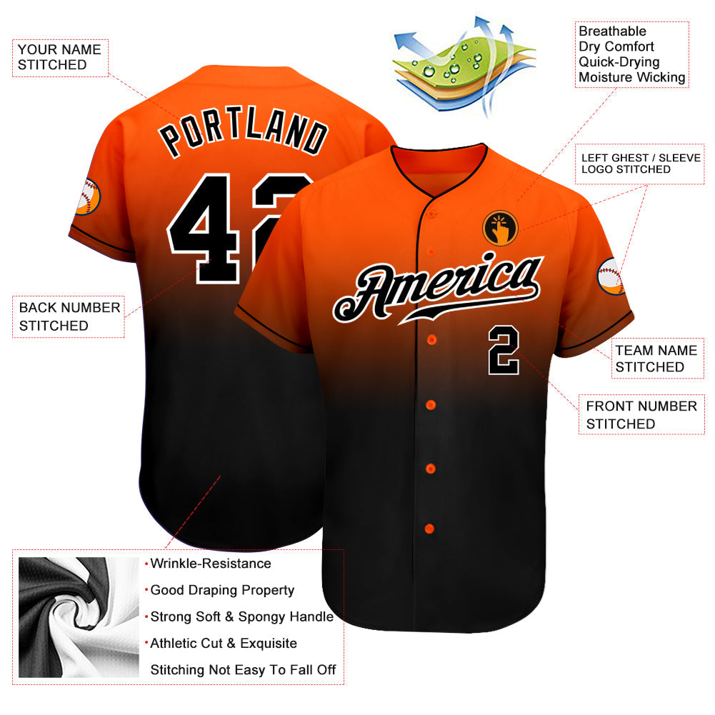Custom Orange Black-White Authentic Fade Fashion Baseball Jersey view 3