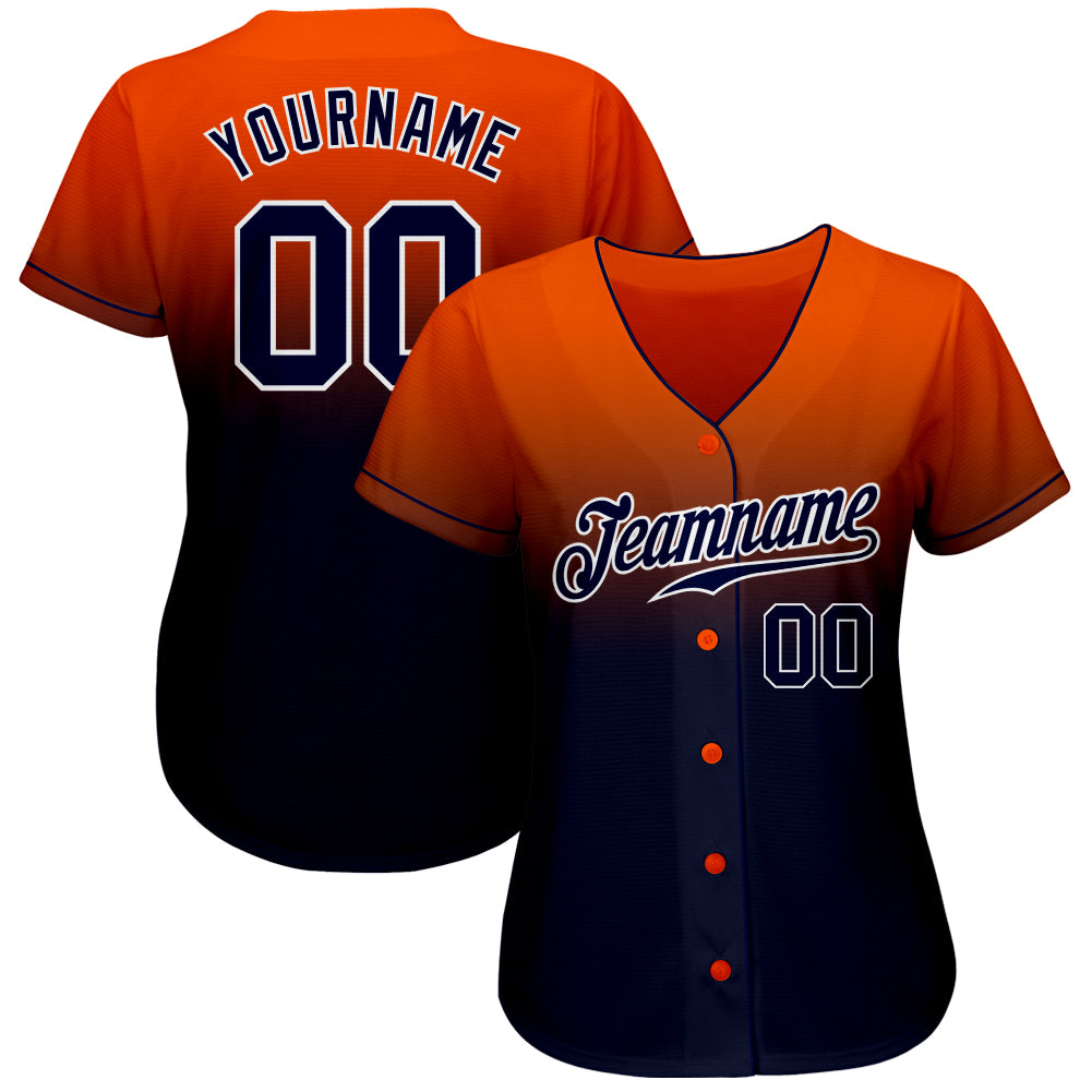Custom Orange Navy-White Authentic Fade Fashion Baseball Jersey view 2