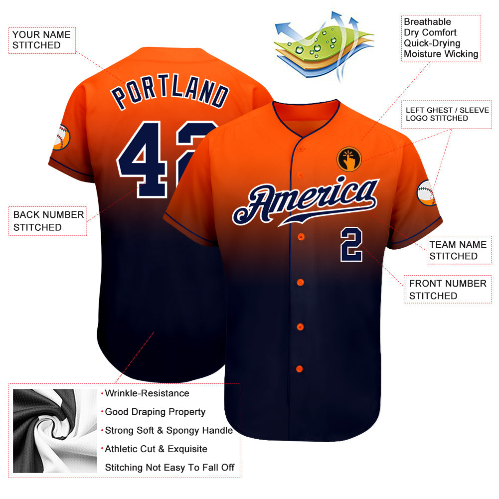 Custom Orange Navy-White Authentic Fade Fashion Baseball Jersey view 3
