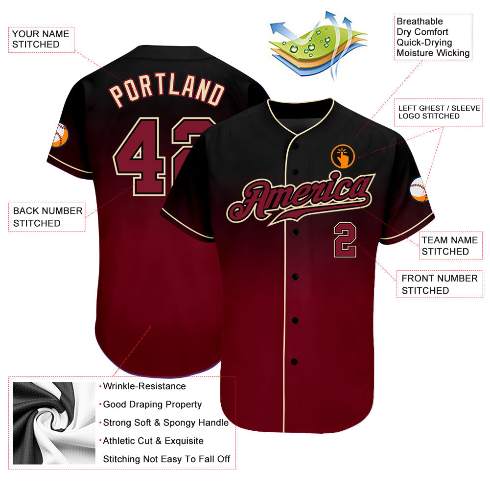 Custom Black Crimson-Cream Authentic Fade Fashion Baseball Jersey view 3