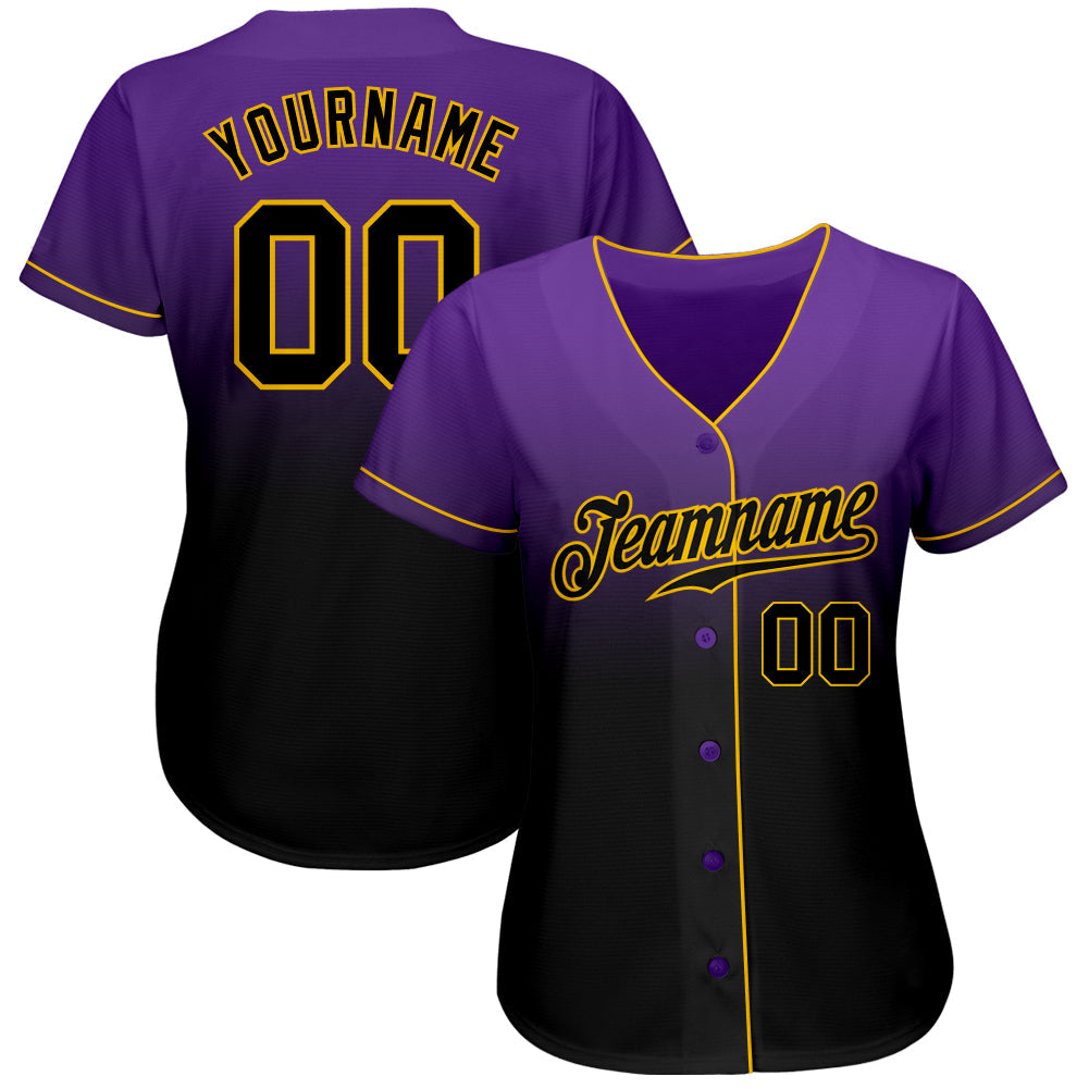Custom Purple Black-Gold Authentic Fade Fashion Baseball Jersey view 2