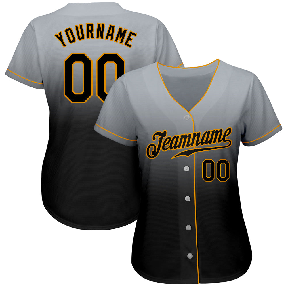 Custom Gray Black-Gold Authentic Fade Fashion Baseball Jersey view 2