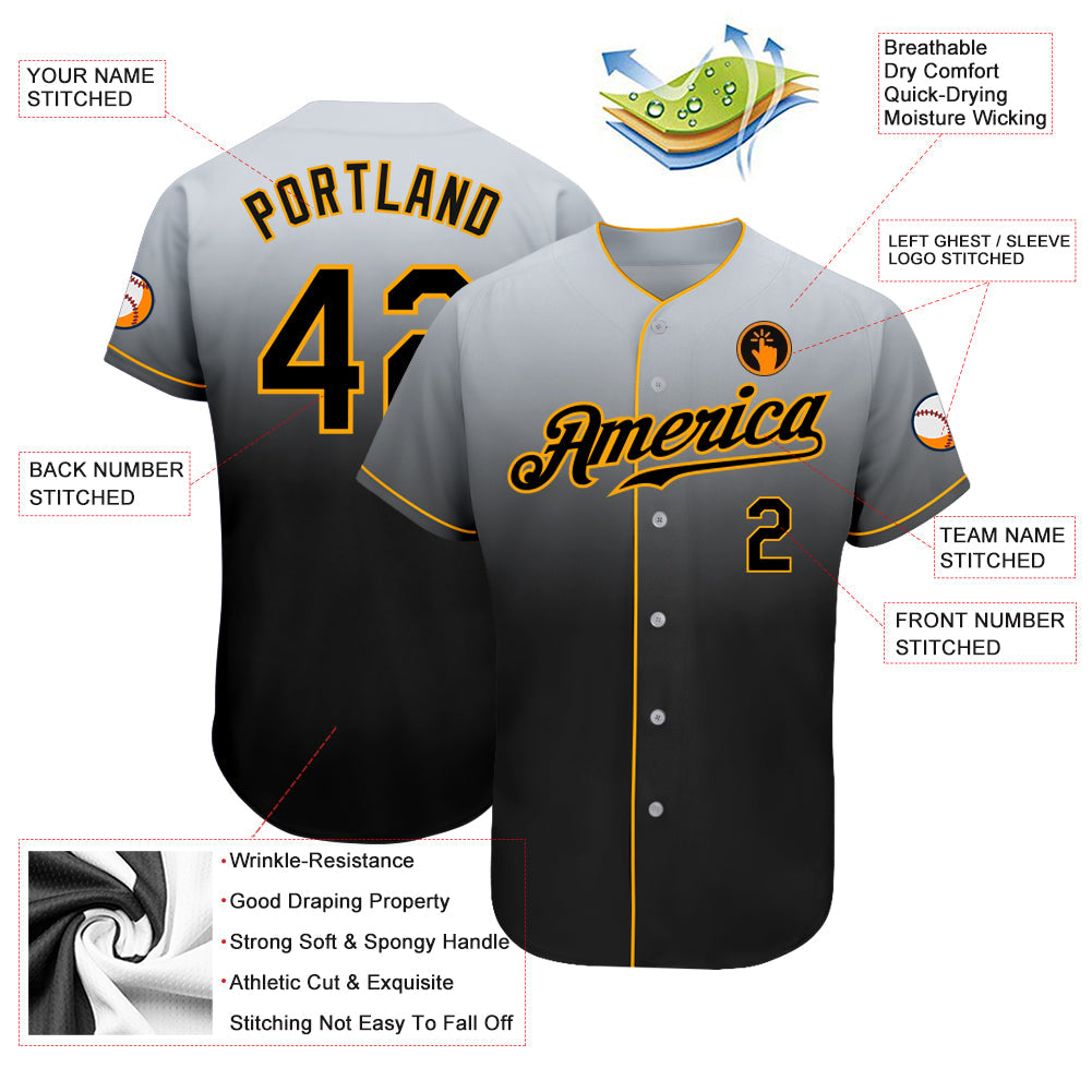 Custom Gray Black-Gold Authentic Fade Fashion Baseball Jersey view 3