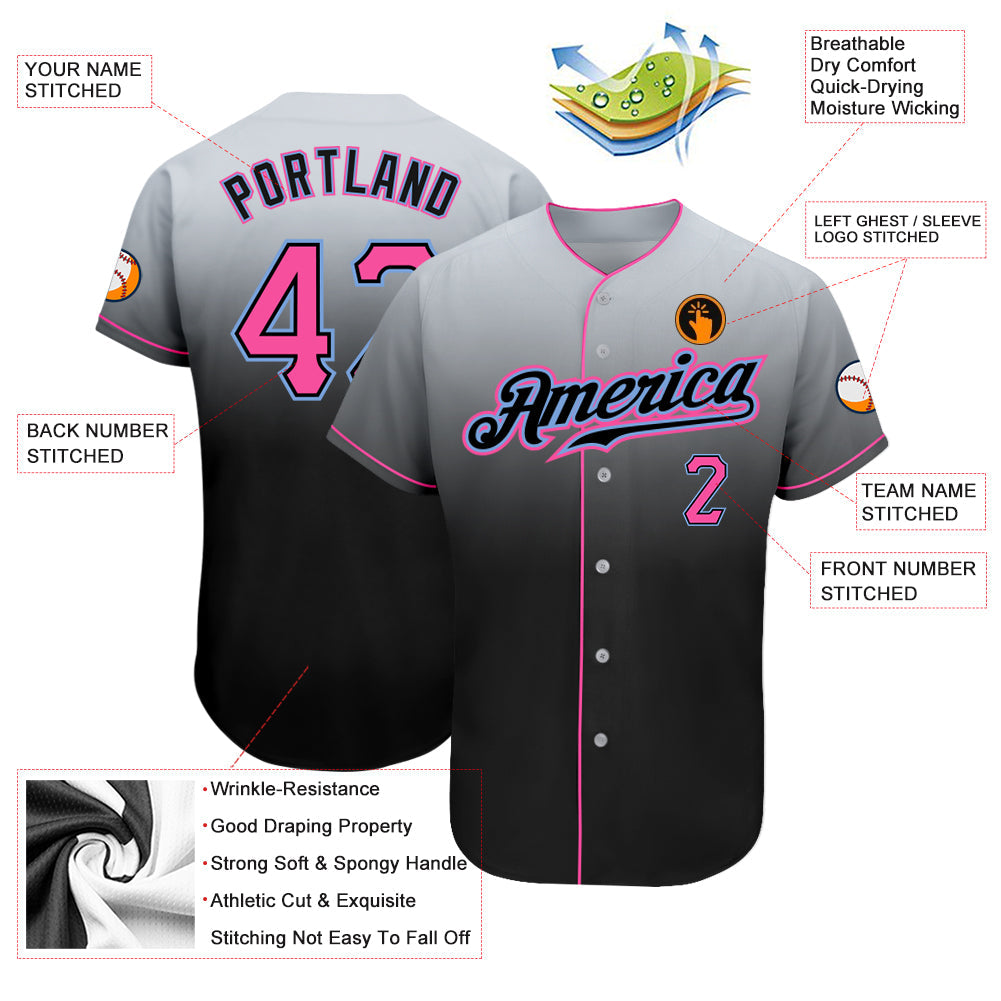 Custom Gray Pink-Black Authentic Fade Fashion Baseball Jersey view 3