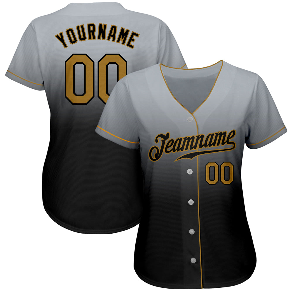 Custom Gray Old Gold-Black Authentic Fade Fashion Baseball Jersey view 2