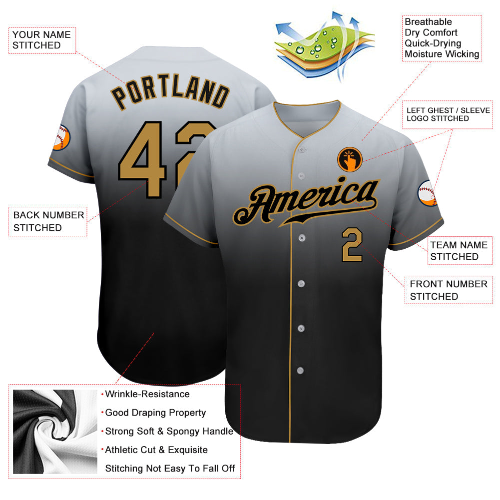 Custom Gray Old Gold-Black Authentic Fade Fashion Baseball Jersey view 3