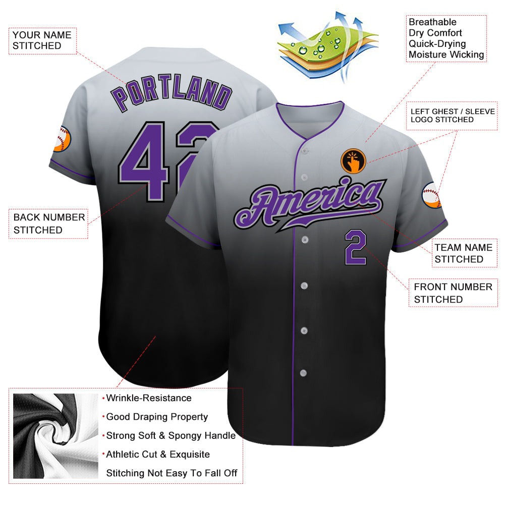 Custom Gray Purple-Black Authentic Fade Fashion Baseball Jersey view 3