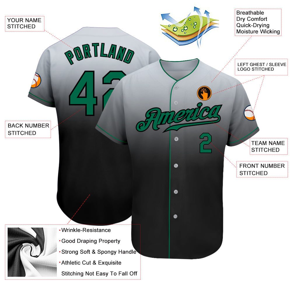 Custom Gray Kelly Green-Black Authentic Fade Fashion Baseball Jersey view 3