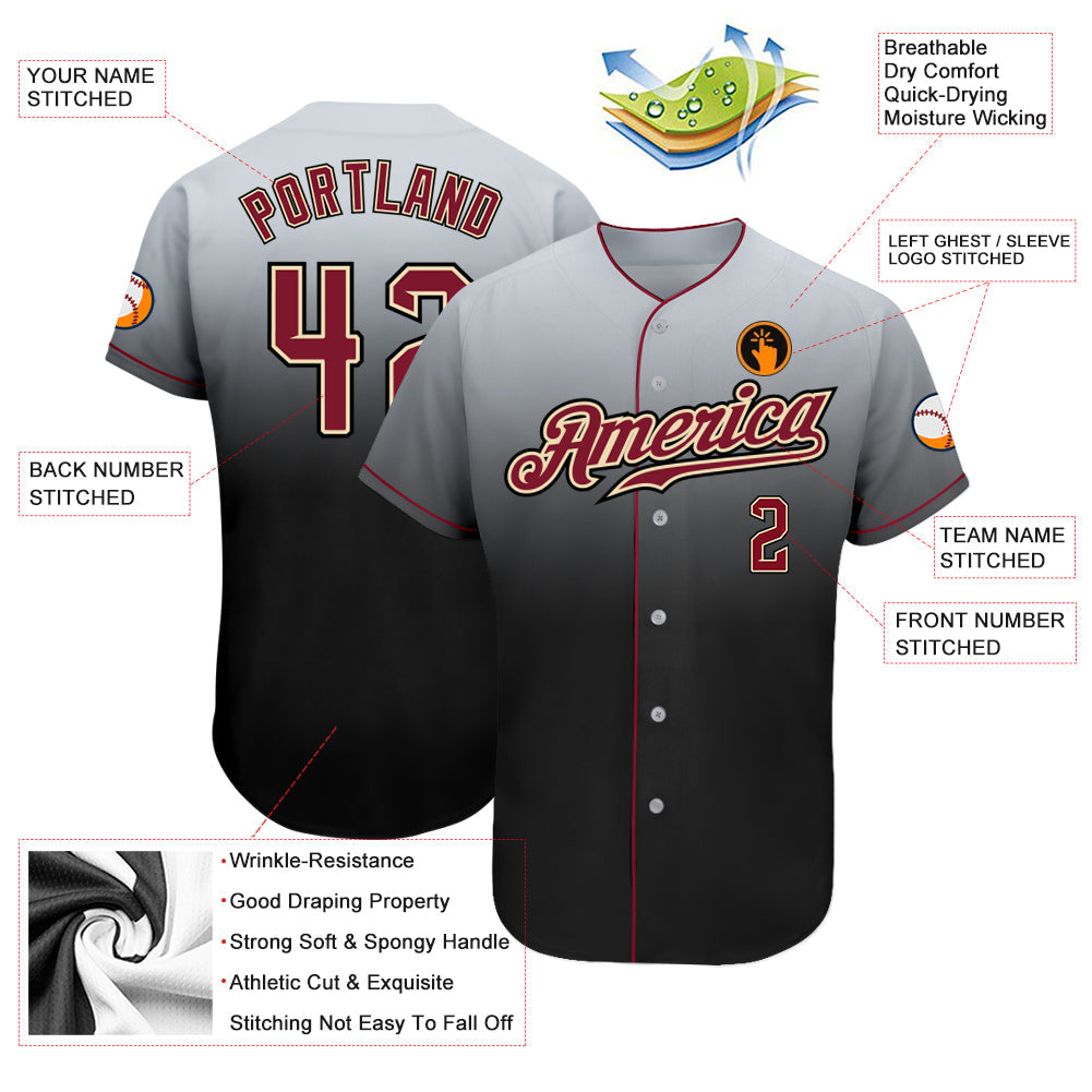 Custom Gray Crimson-Black Authentic Fade Fashion Baseball Jersey view 3