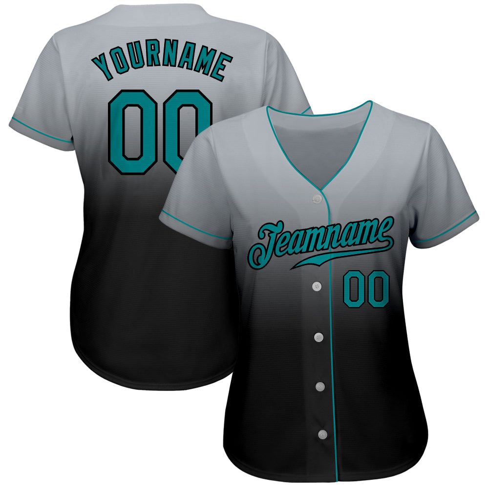 Custom Gray Teal-Black Authentic Fade Fashion Baseball Jersey view 3