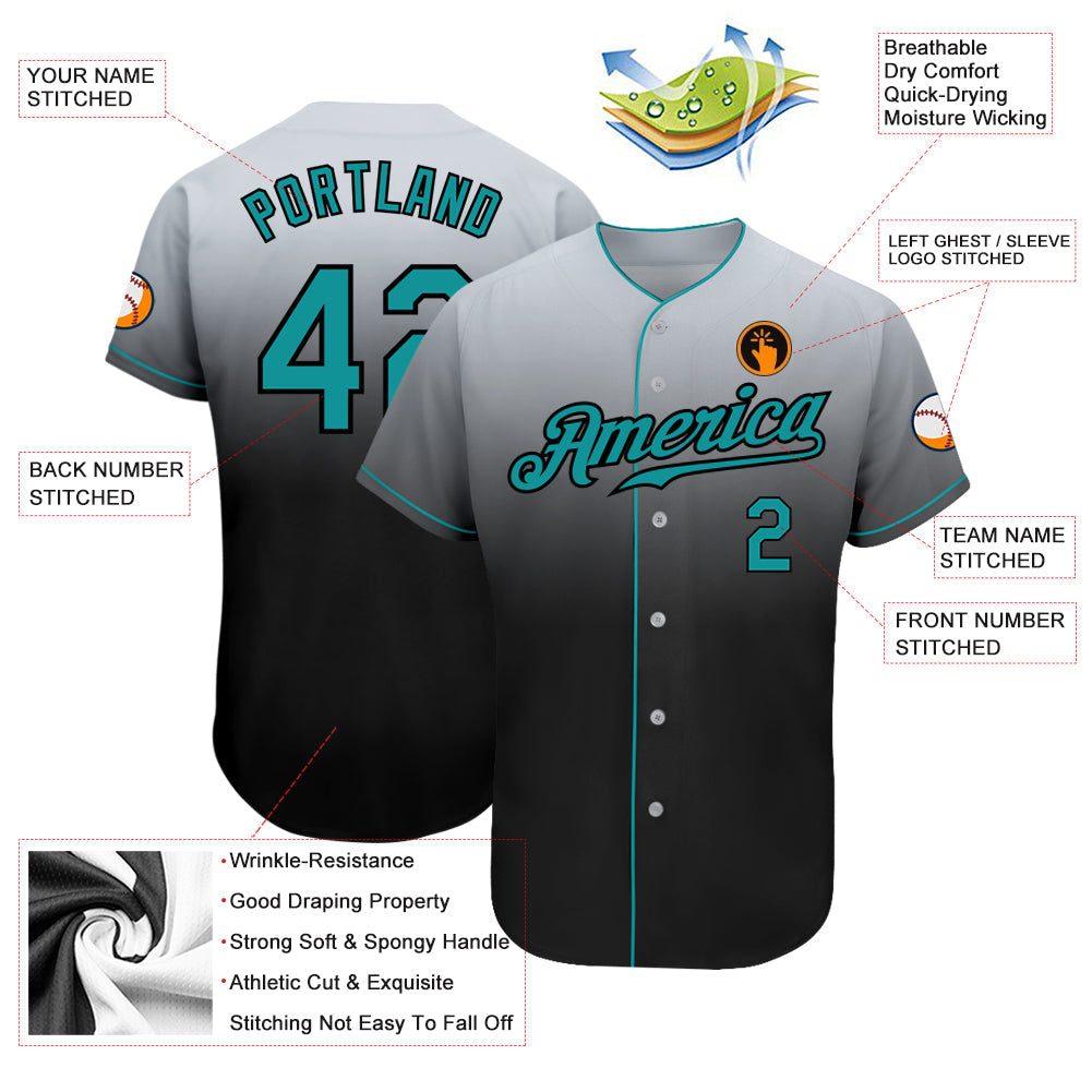 Custom Gray Teal-Black Authentic Fade Fashion Baseball Jersey view 4