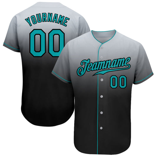 Custom Gray Teal-Black Authentic Fade Fashion Baseball Jersey - Main View