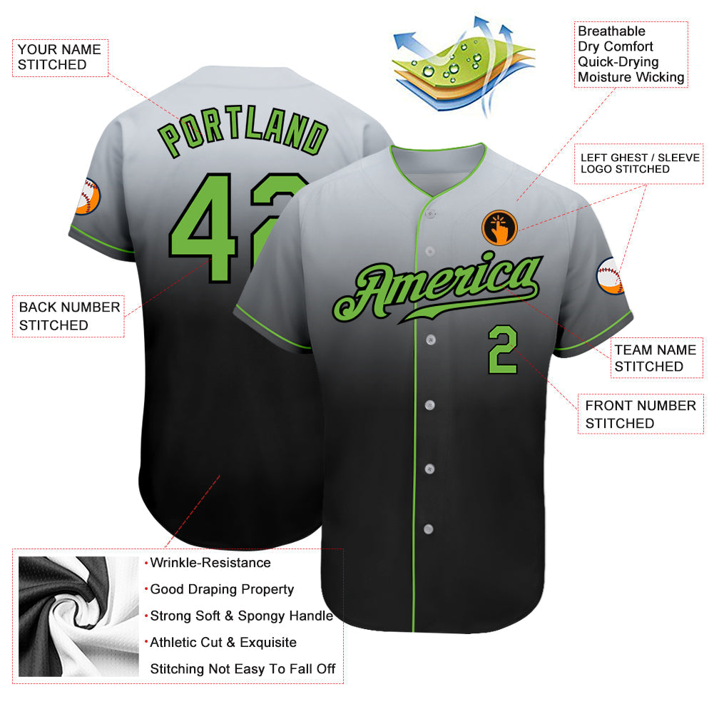Custom Gray Neon Green-Black Authentic Fade Fashion Baseball Jersey view 3