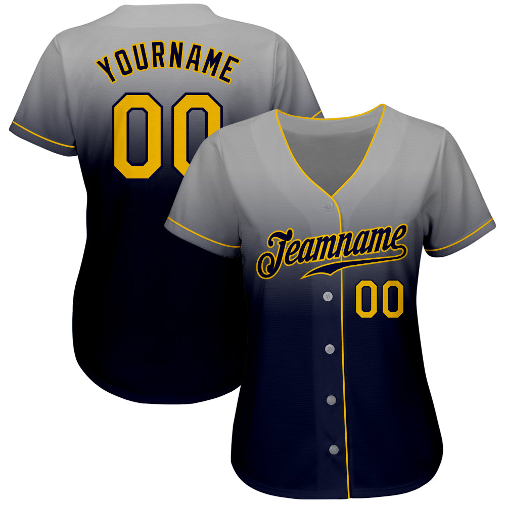 Custom Gray Gold-Navy Authentic Fade Fashion Baseball Jersey view 2