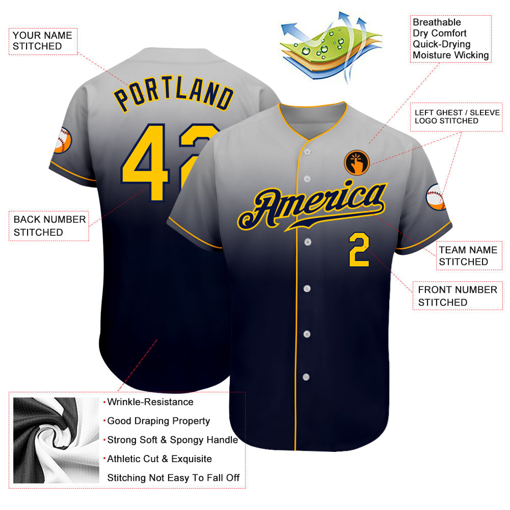 Custom Gray Gold-Navy Authentic Fade Fashion Baseball Jersey view 3