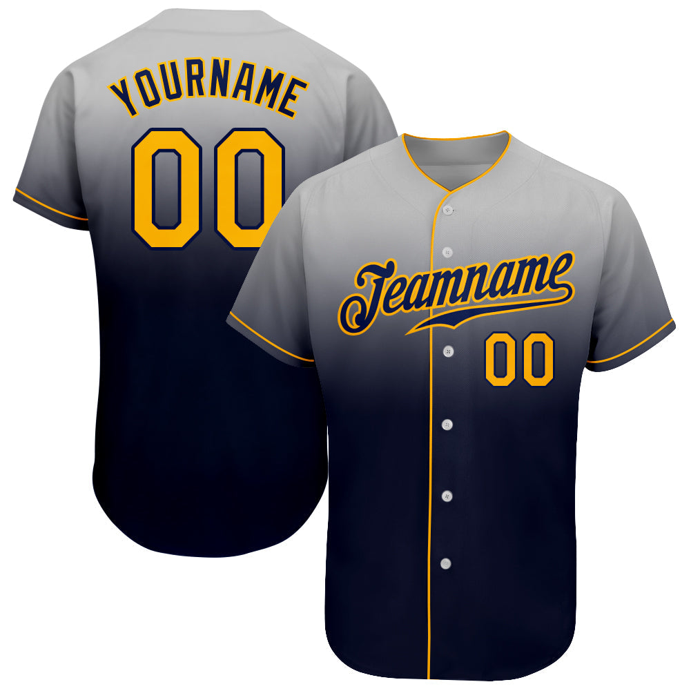 Custom Gray Gold-Navy Authentic Fade Fashion Baseball Jersey - Main View