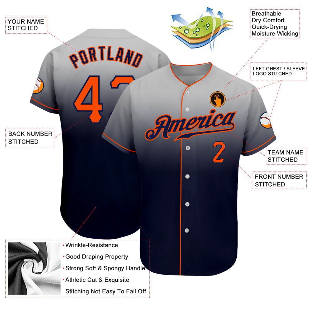 Custom Gray Orange-Navy Authentic Fade Fashion Baseball Jersey view 3