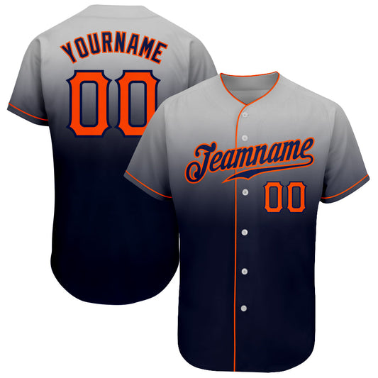 Custom Gray Orange-Navy Authentic Fade Fashion Baseball Jersey - Main View
