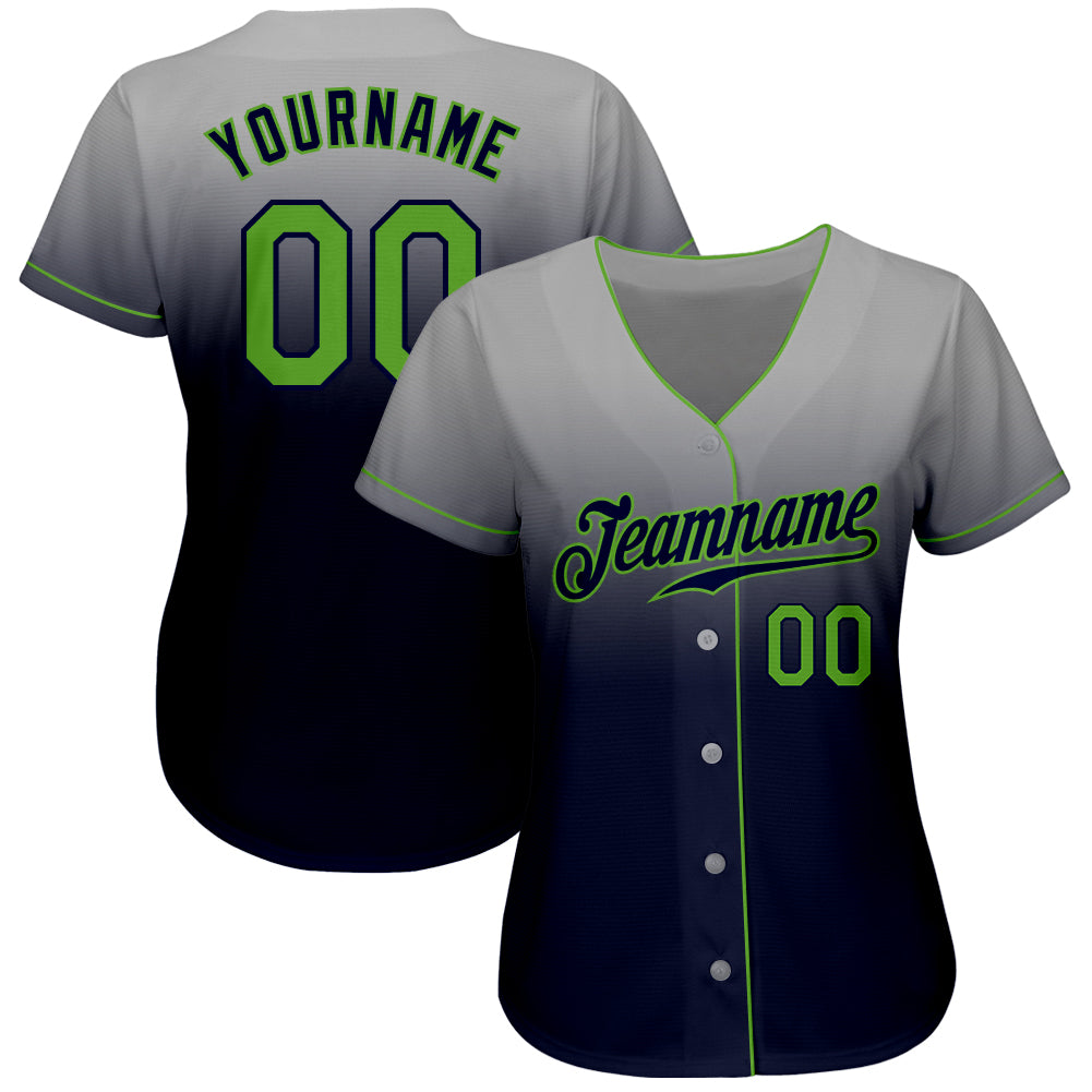 Custom Gray Neon Green-Navy Authentic Fade Fashion Baseball Jersey view 2