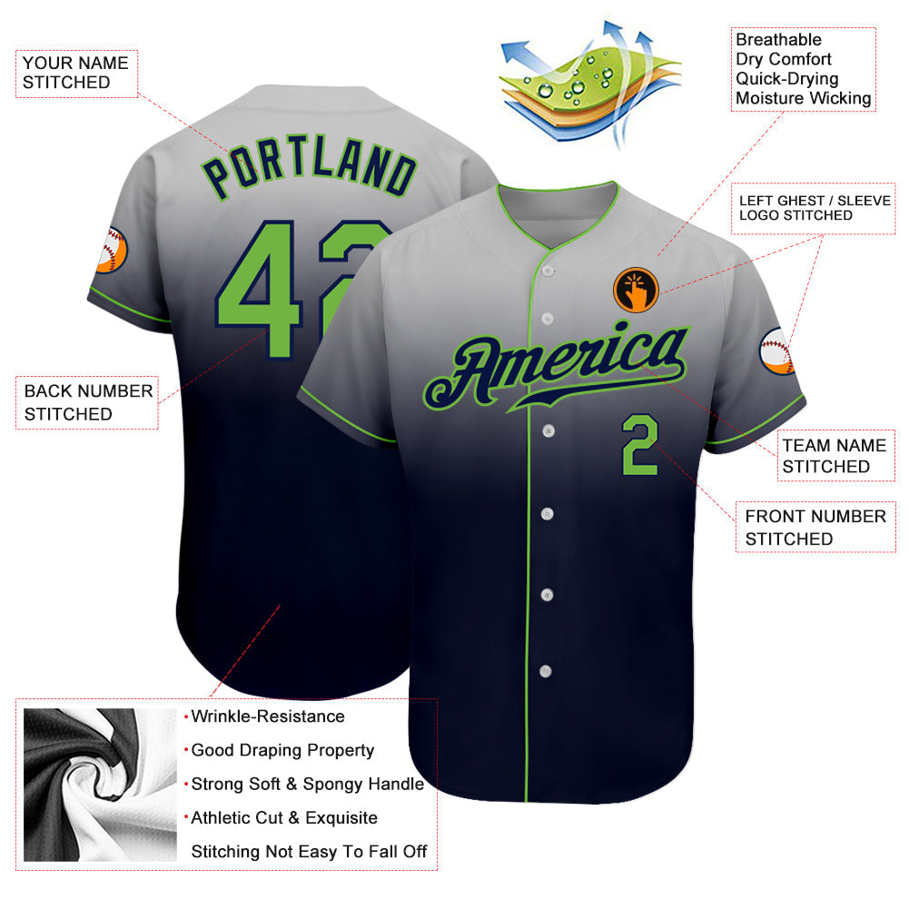 Custom Gray Neon Green-Navy Authentic Fade Fashion Baseball Jersey view 3