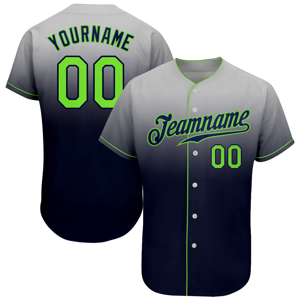 Custom Gray Neon Green-Navy Authentic Fade Fashion Baseball Jersey - Main View