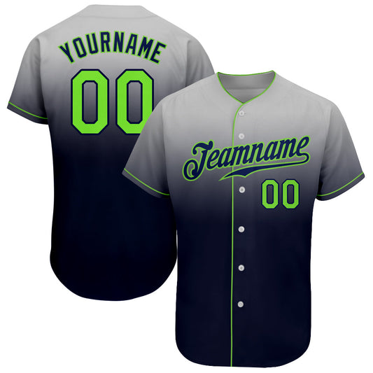Custom Gray Neon Green-Navy Authentic Fade Fashion Baseball Jersey - Main View