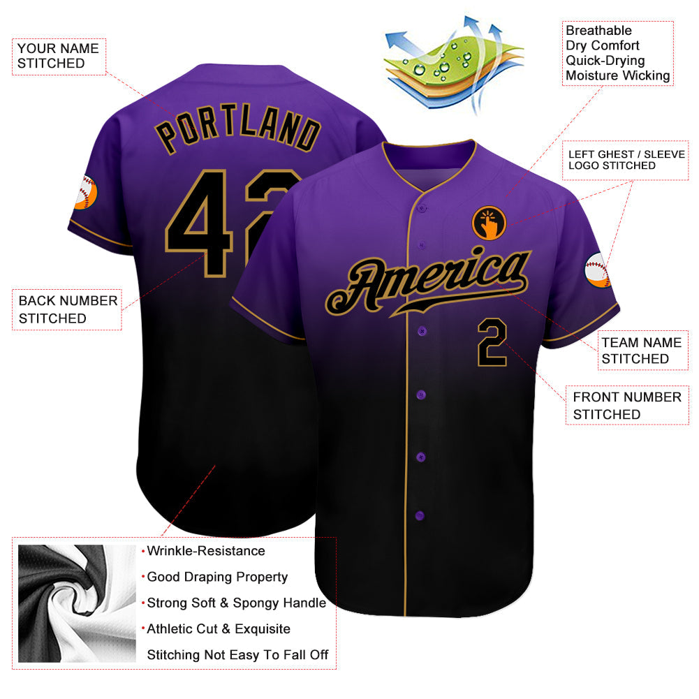 Custom Purple Black-Old Gold Authentic Fade Fashion Baseball Jersey view 3