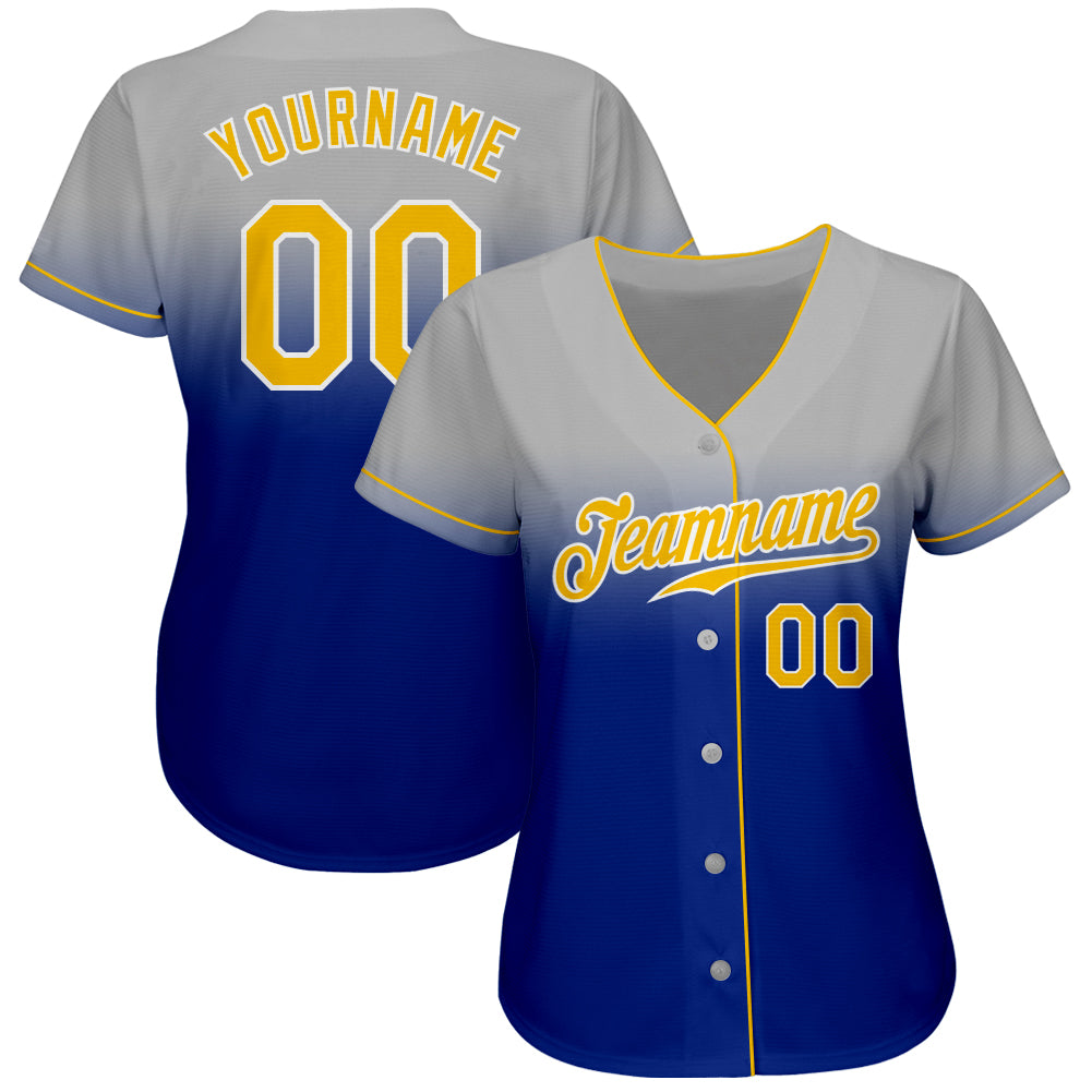 Custom Gray Gold-Royal Authentic Fade Fashion Baseball Jersey view 2