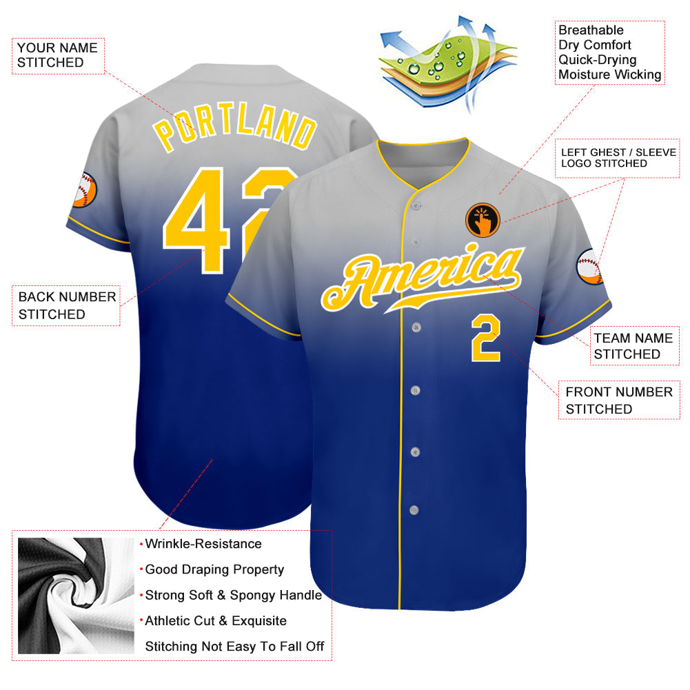 Custom Gray Gold-Royal Authentic Fade Fashion Baseball Jersey view 3