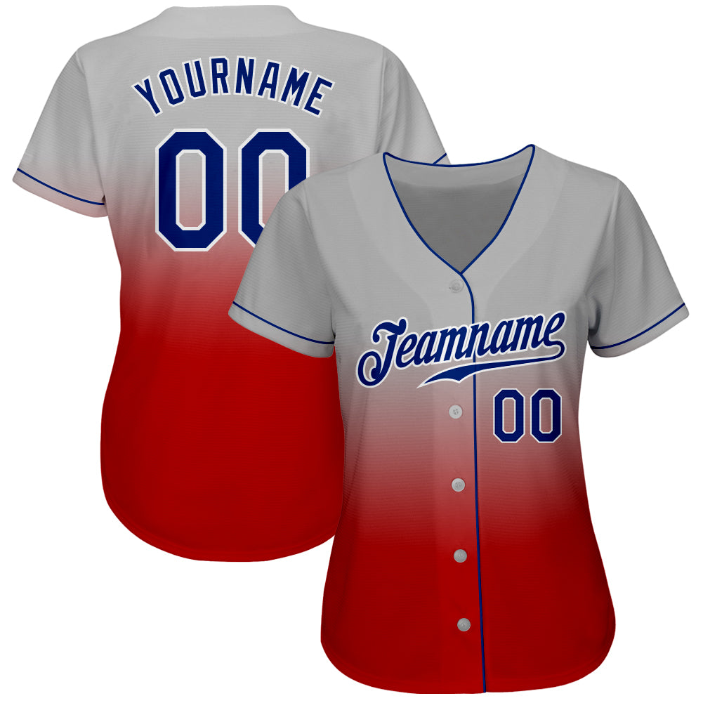 Custom Gray Royal-Red Authentic Fade Fashion Baseball Jersey view 2
