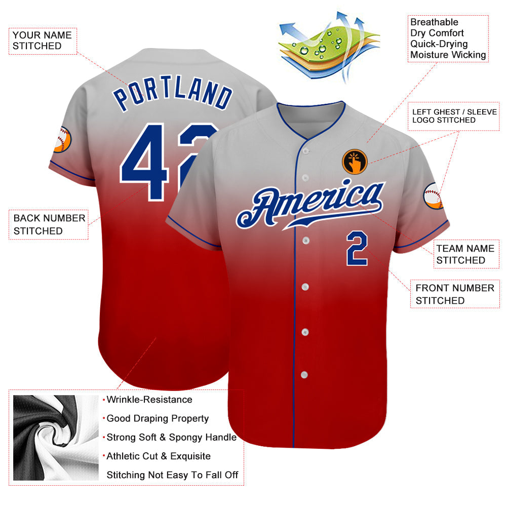 Custom Gray Royal-Red Authentic Fade Fashion Baseball Jersey view 3