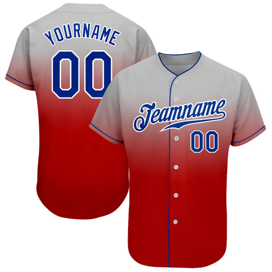 Custom Gray Royal-Red Authentic Fade Fashion Baseball Jersey - Main View