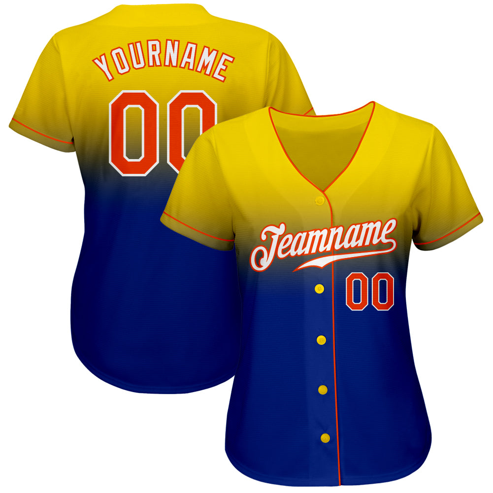 Custom Yellow Orange-Royal Authentic Fade Fashion Baseball Jersey view 2