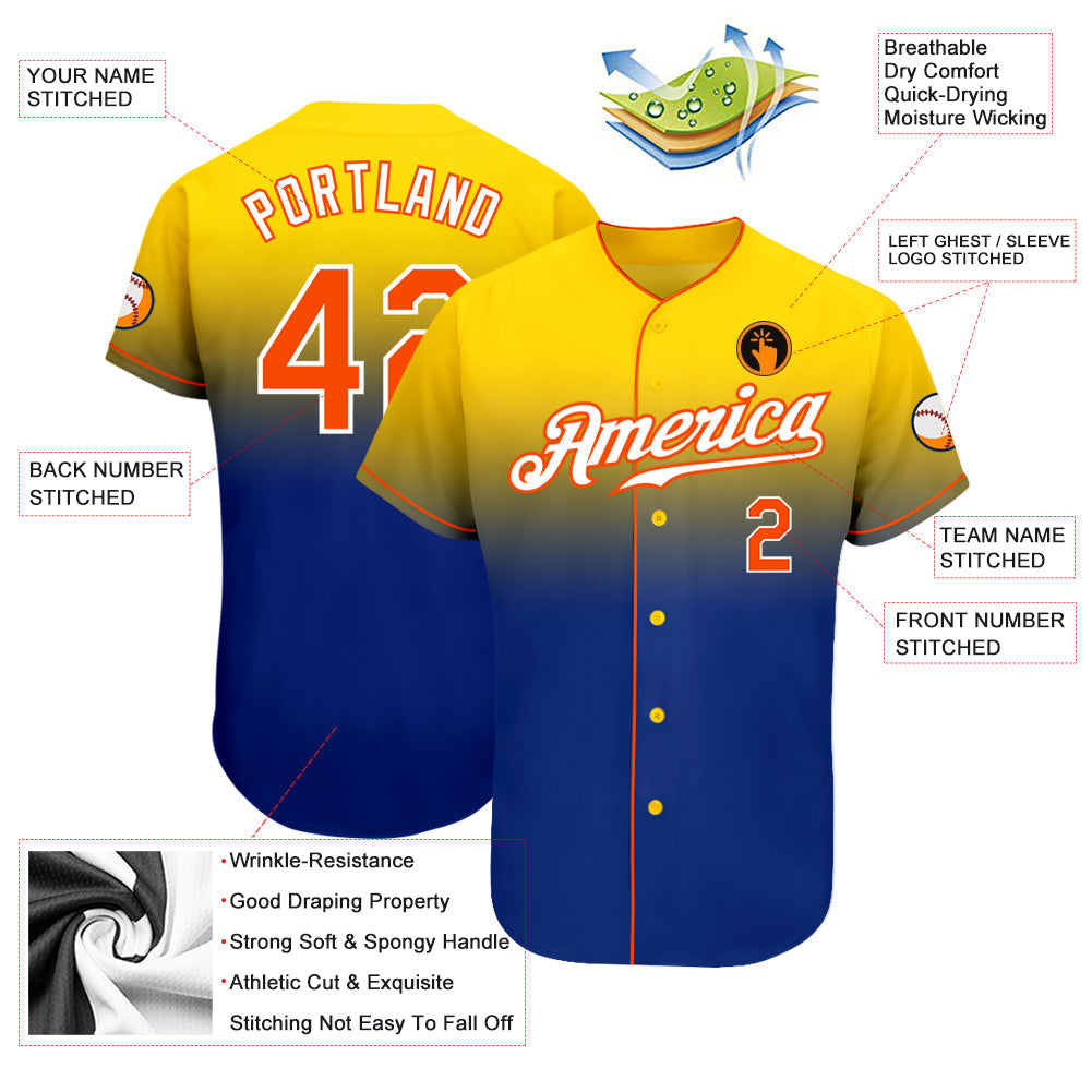 Custom Yellow Orange-Royal Authentic Fade Fashion Baseball Jersey view 3