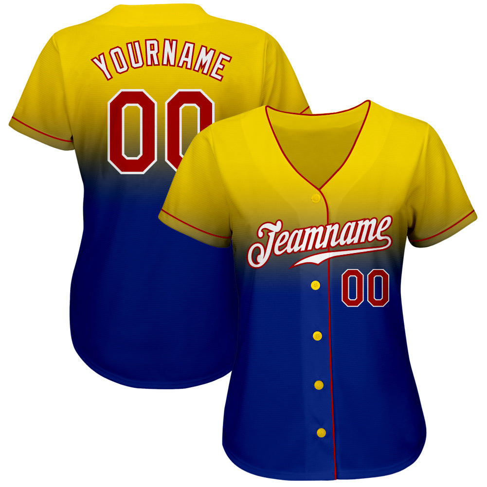 Custom Yellow Red-Royal Authentic Fade Fashion Baseball Jersey view 2