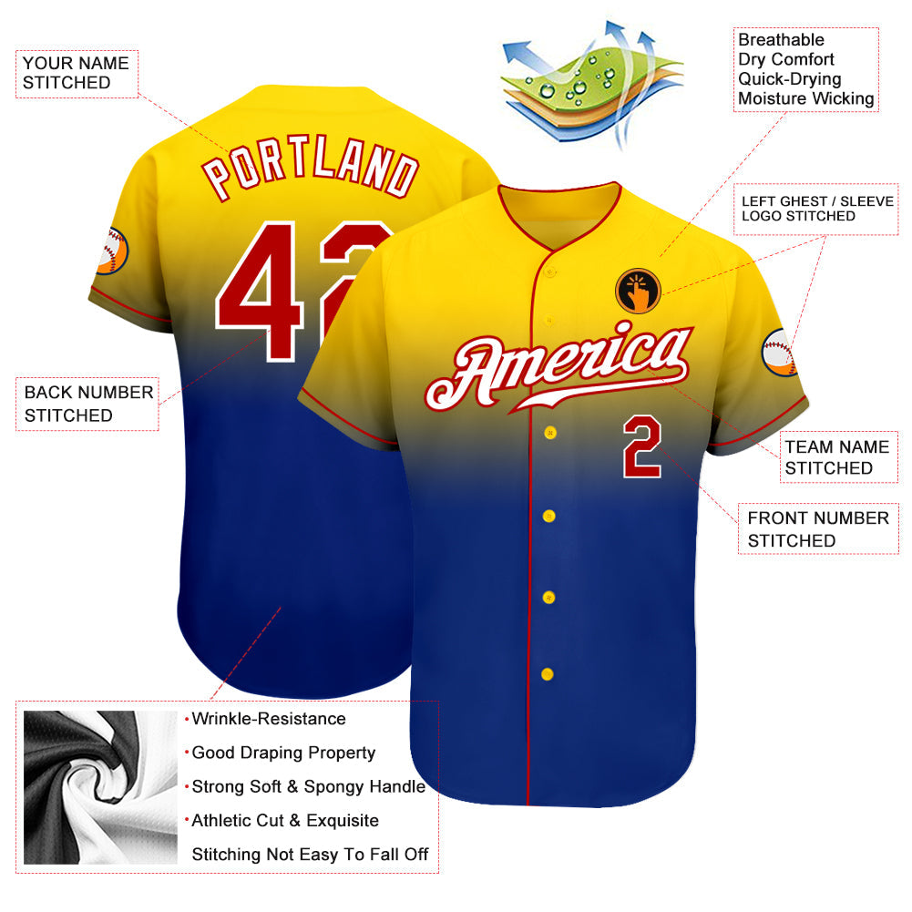 Custom Yellow Red-Royal Authentic Fade Fashion Baseball Jersey view 3