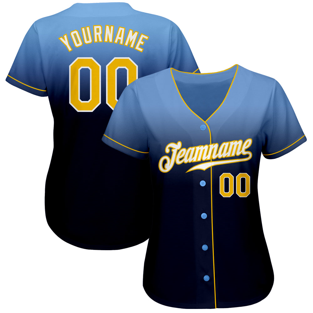 Custom Light Blue Gold-Navy Authentic Fade Fashion Baseball Jersey view 2