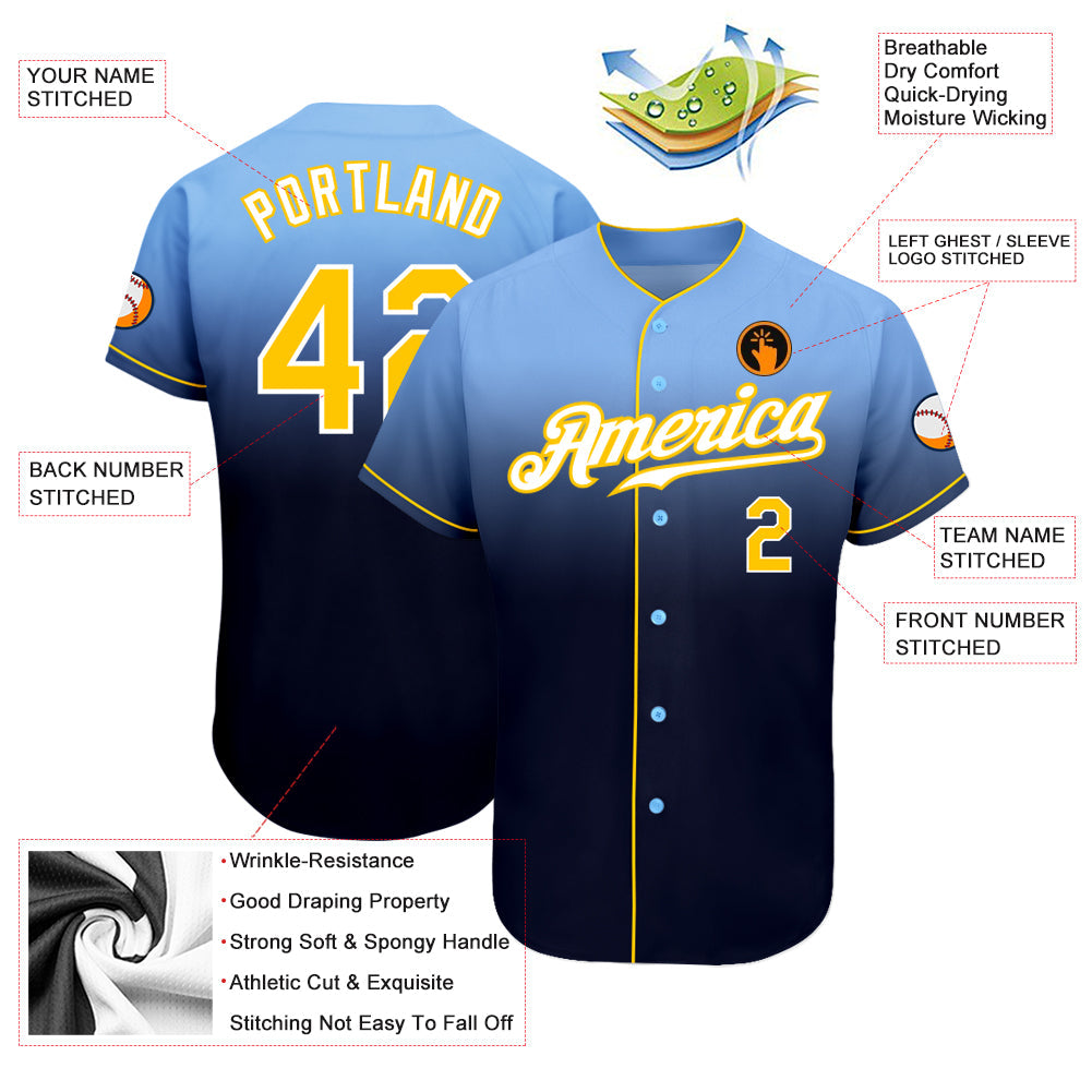 Custom Light Blue Gold-Navy Authentic Fade Fashion Baseball Jersey view 3