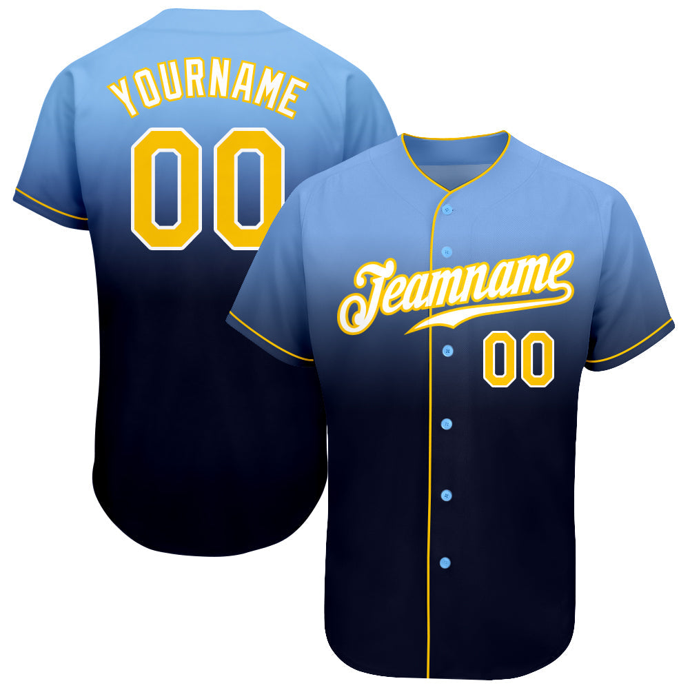 Custom Light Blue Gold-Navy Authentic Fade Fashion Baseball Jersey - Main View