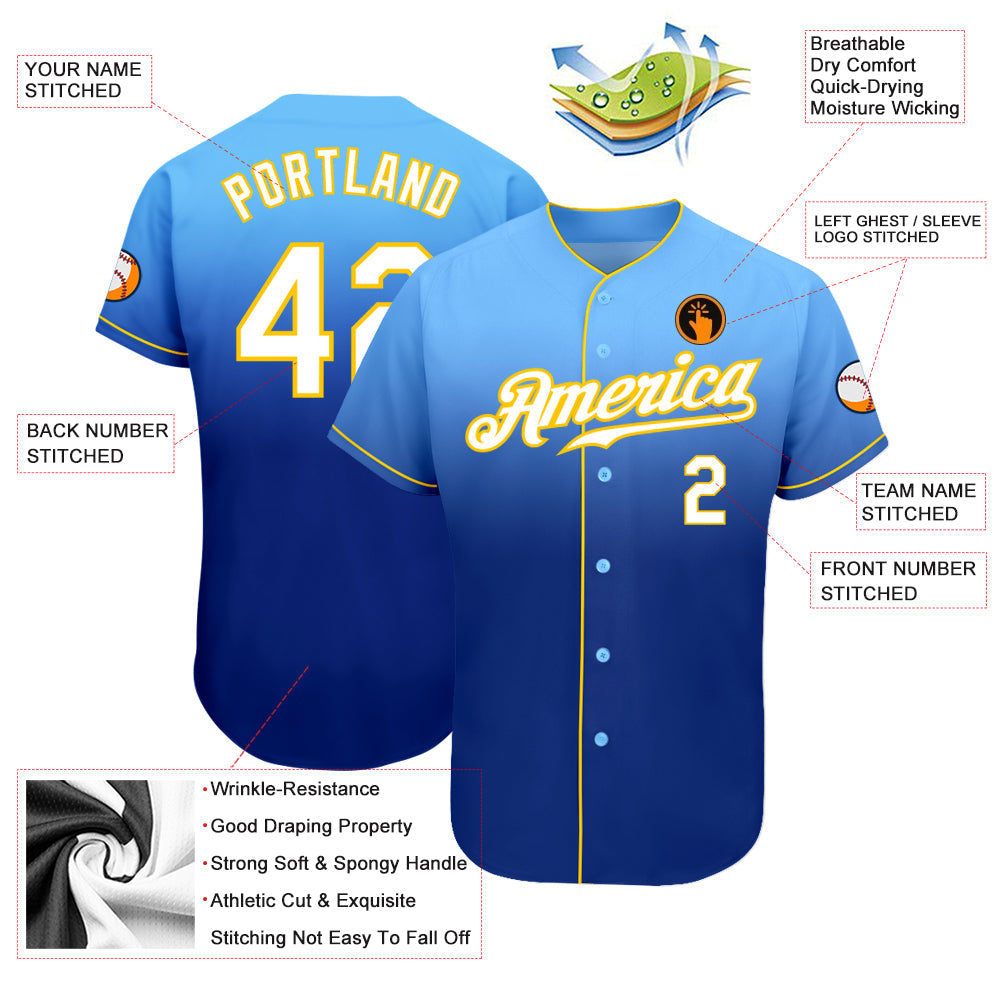 Custom Light Blue White-Royal Authentic Fade Fashion Baseball Jersey view 3