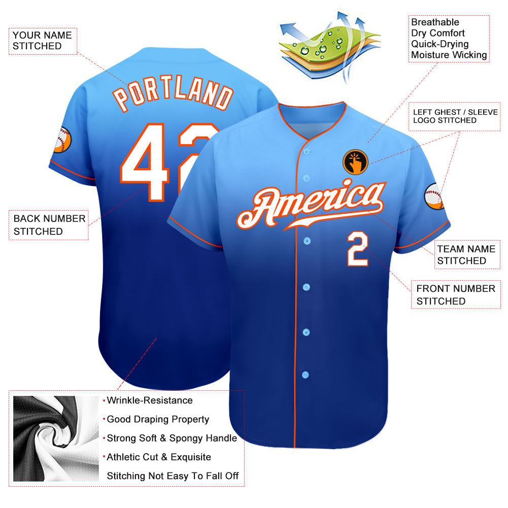 Custom Light Blue White-Royal Authentic Fade Fashion Baseball Jersey view 3
