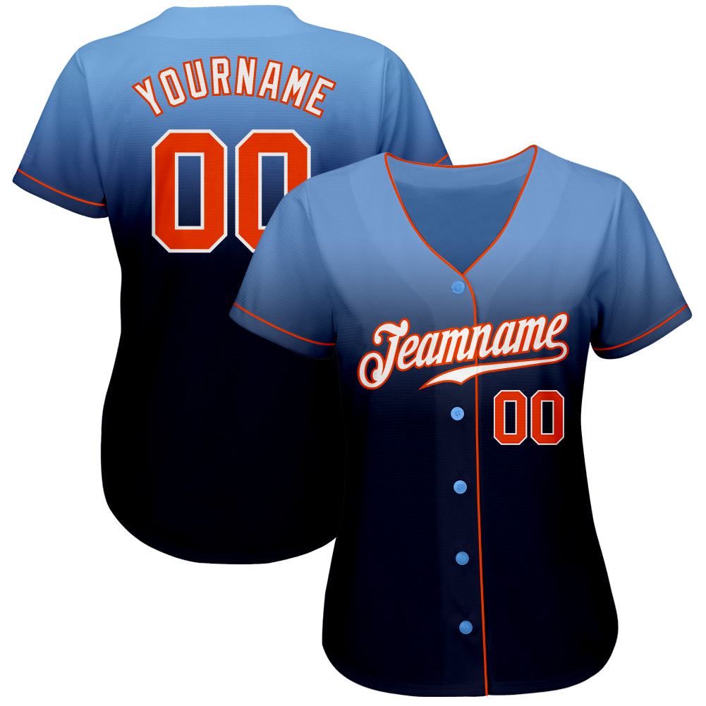 Custom Light Blue Orange-Navy Authentic Fade Fashion Baseball Jersey view 2