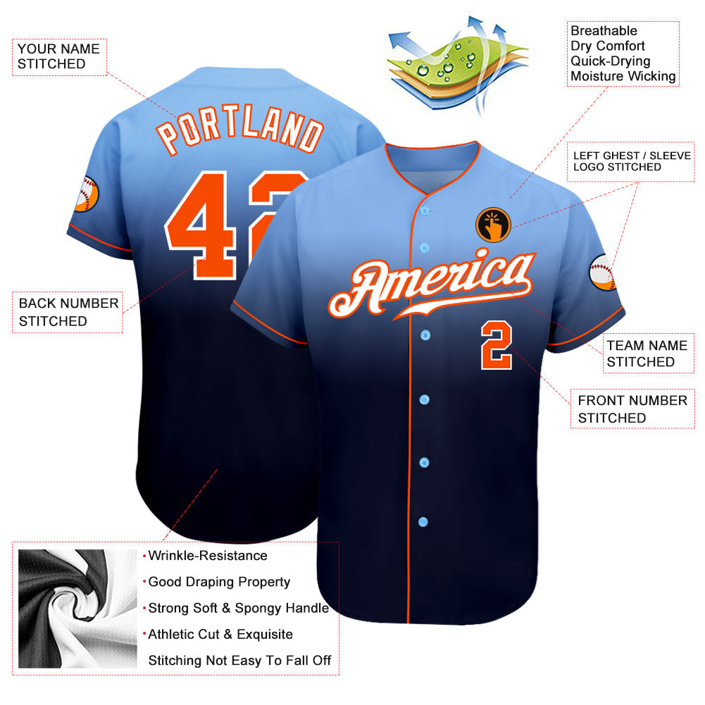 Custom Light Blue Orange-Navy Authentic Fade Fashion Baseball Jersey view 3