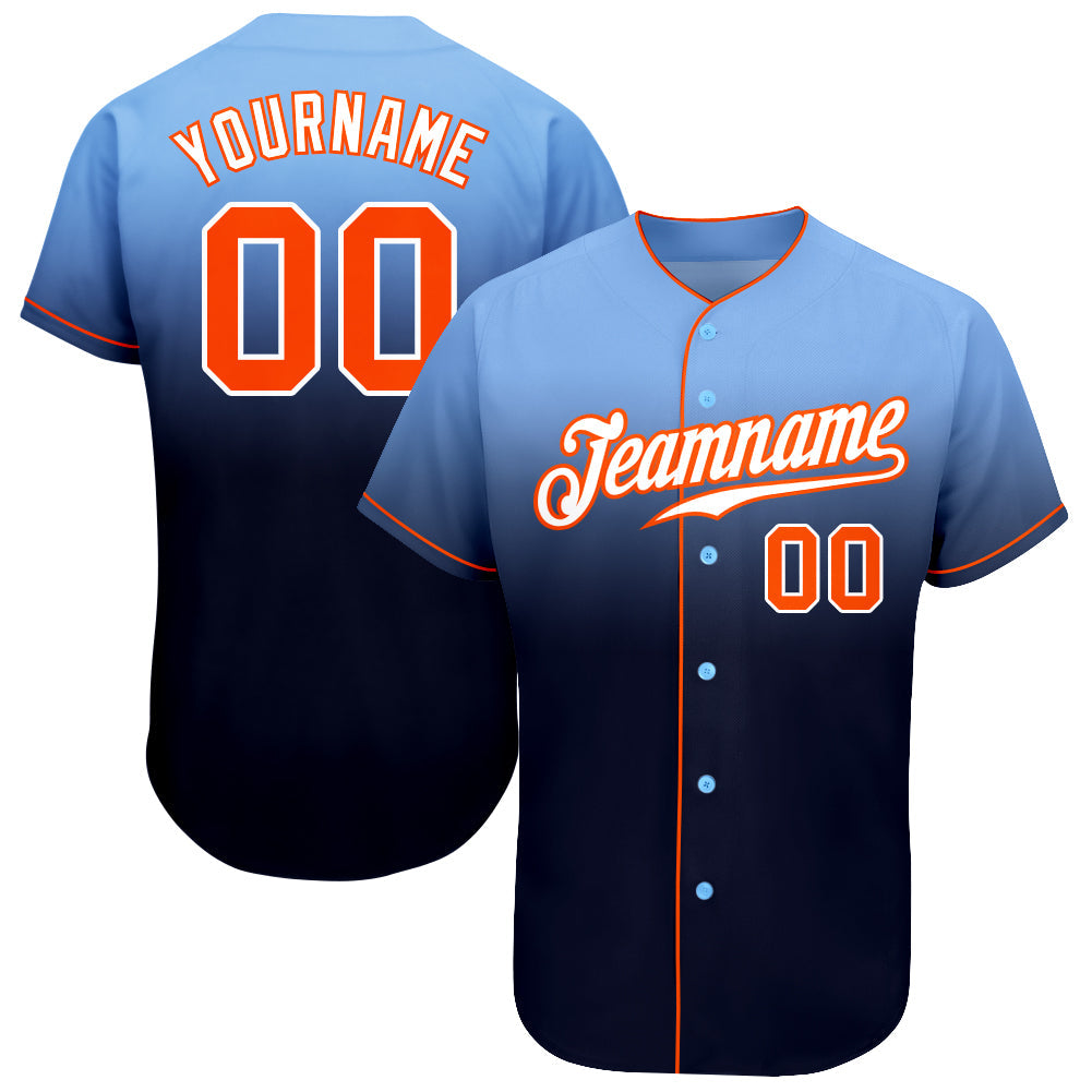 Custom Light Blue Orange-Navy Authentic Fade Fashion Baseball Jersey - Main View