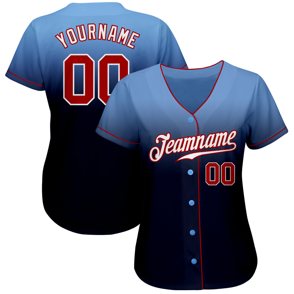 Custom Light Blue Red-Navy Authentic Fade Fashion Baseball Jersey view 2