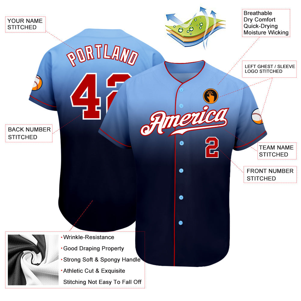 Custom Light Blue Red-Navy Authentic Fade Fashion Baseball Jersey view 3