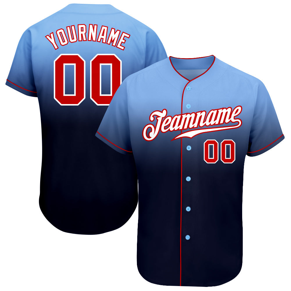 Custom Light Blue Red-Navy Authentic Fade Fashion Baseball Jersey - Main View